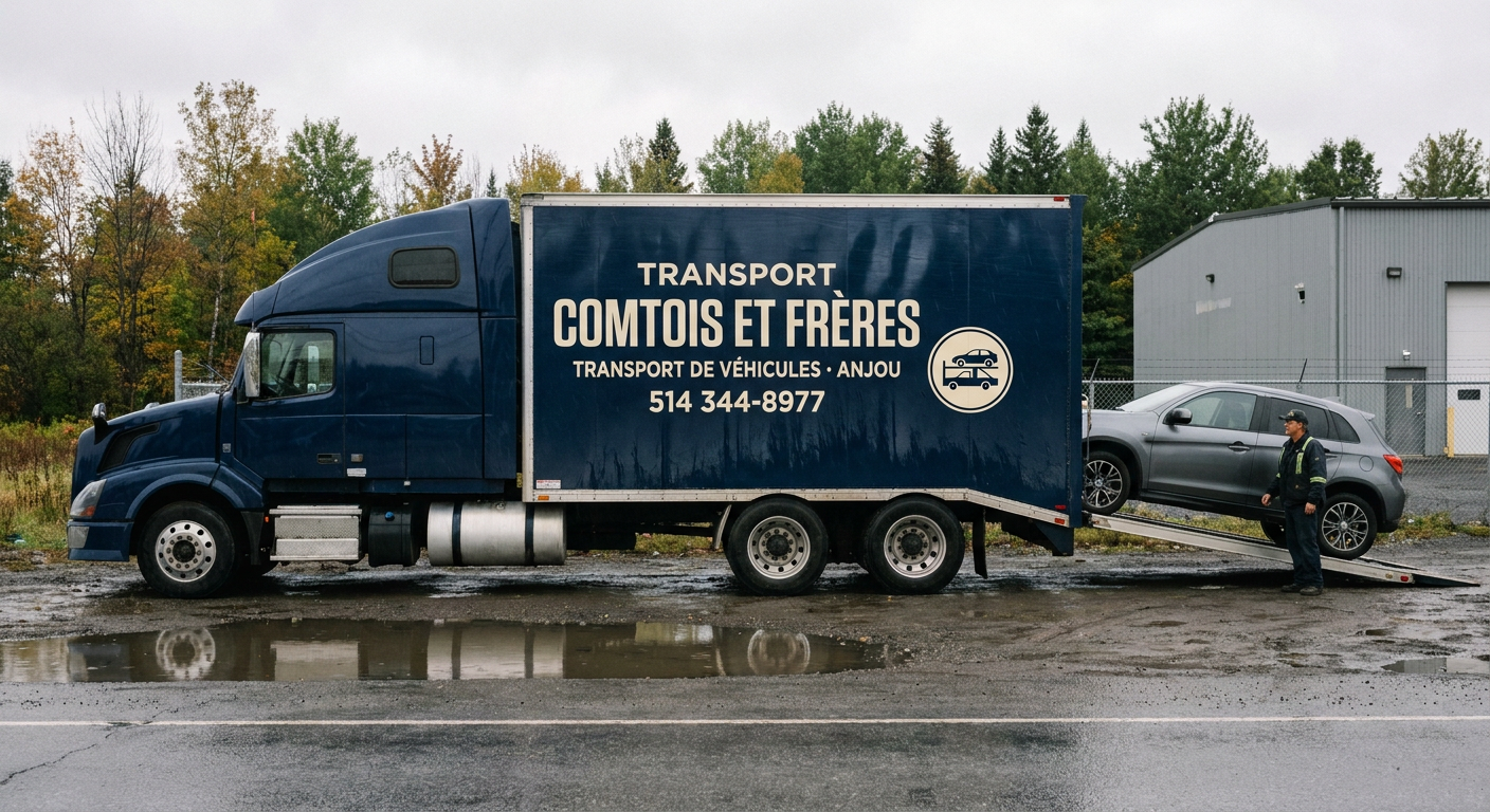 Chargement d'une auto sur la plateforme dans la cour d'Anjou